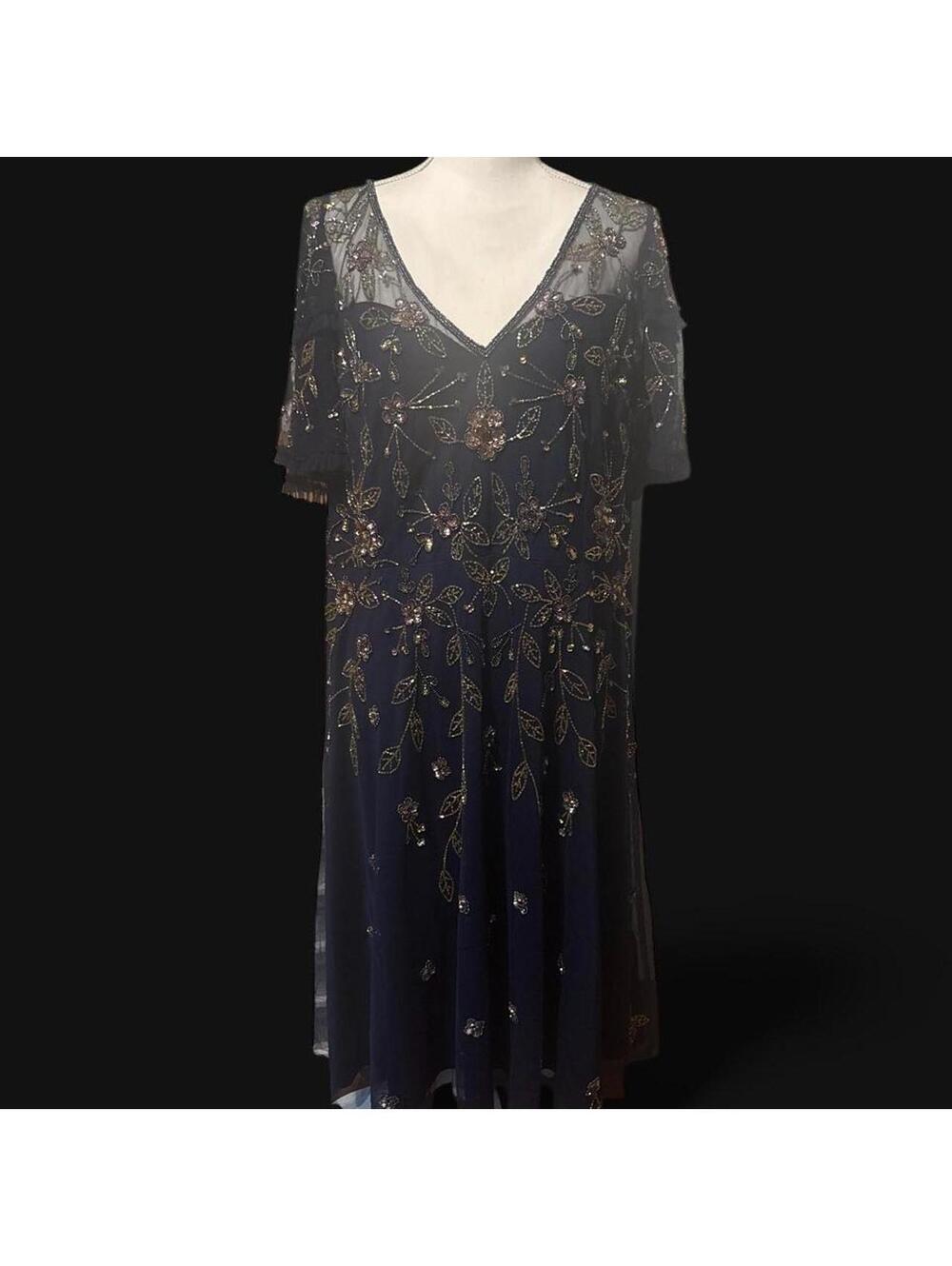 Adrianna Papell Navy Blue Floral Maxi Dress Size 18 Flutter Sleeve Formal Gown